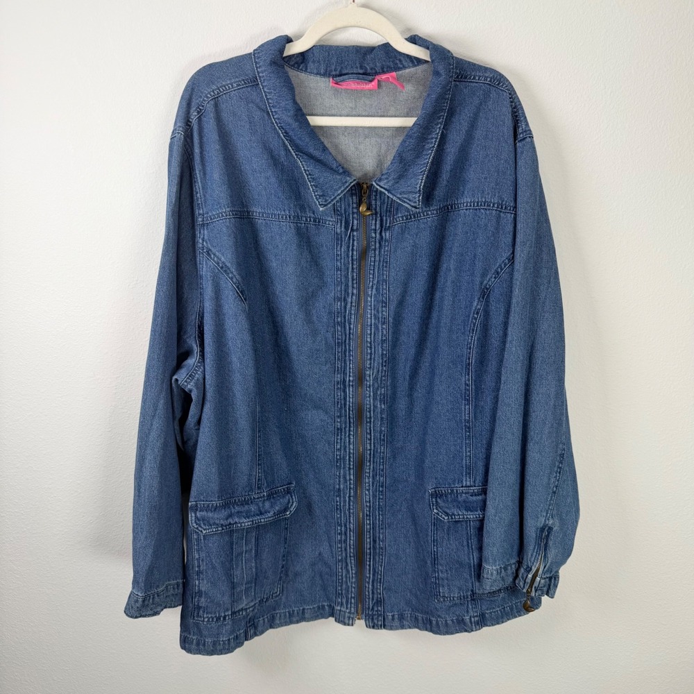 Woman Within Blue Denim Zip Up Jacket 32W Plus Size Zipper Pulls Pockets Cotton